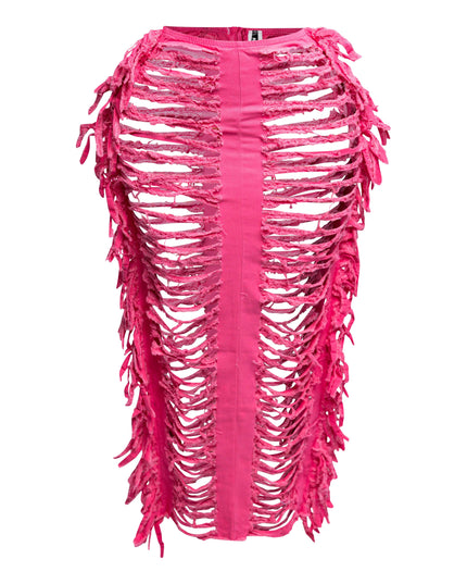 Cutout detailed distressed denim fringe maxi skirt - Muvin 