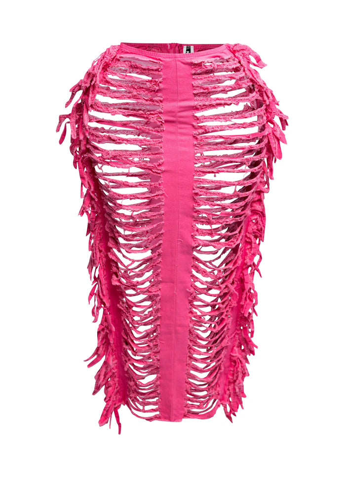 Cutout detailed distressed denim fringe maxi skirt - Muvin 