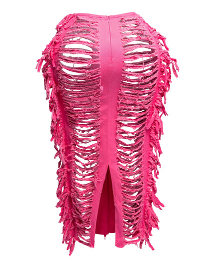 Cutout detailed distressed denim fringe maxi skirt - Muvin 