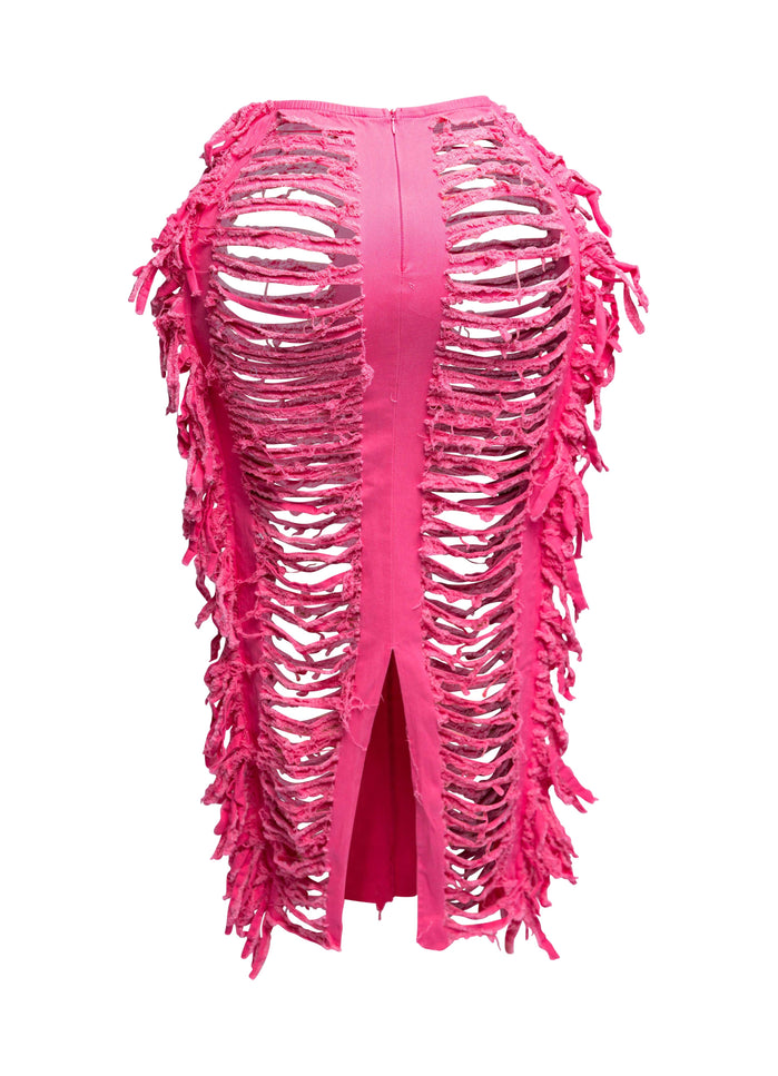 Cutout detailed distressed denim fringe maxi skirt - Muvin 