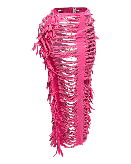 Cutout detailed distressed denim fringe maxi skirt - Muvin 