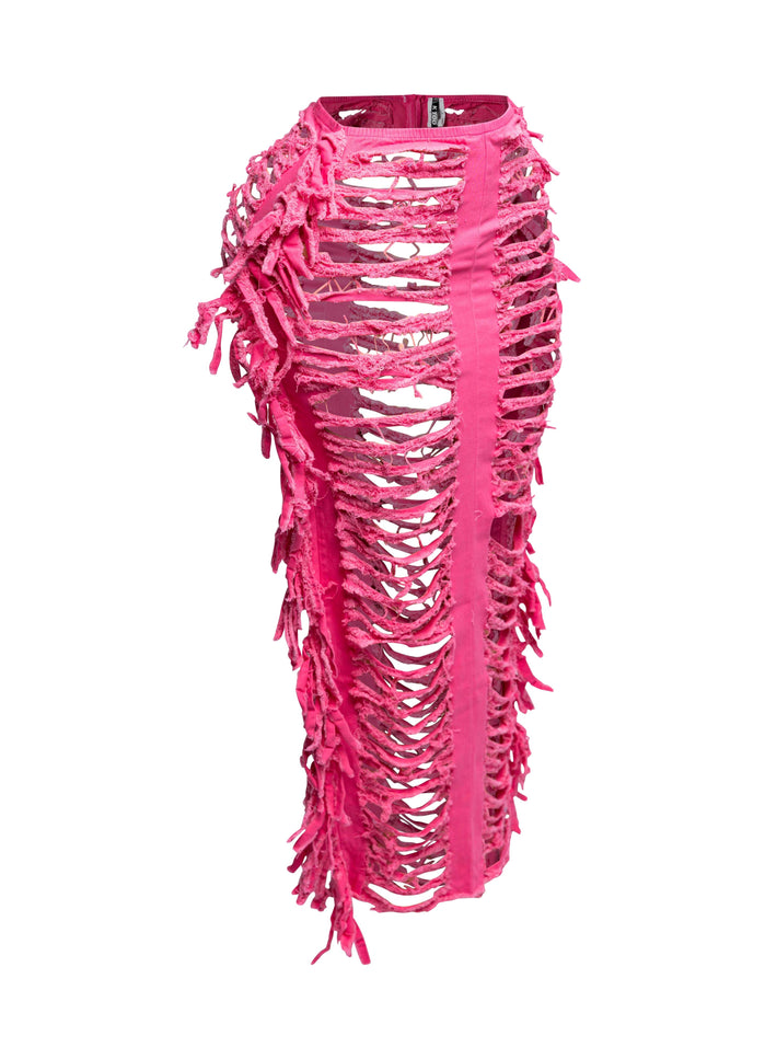 Cutout detailed distressed denim fringe maxi skirt - Muvin 