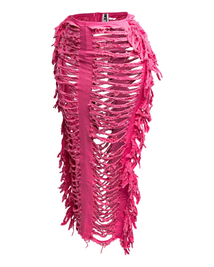 Cutout detailed distressed denim fringe maxi skirt - Muvin 