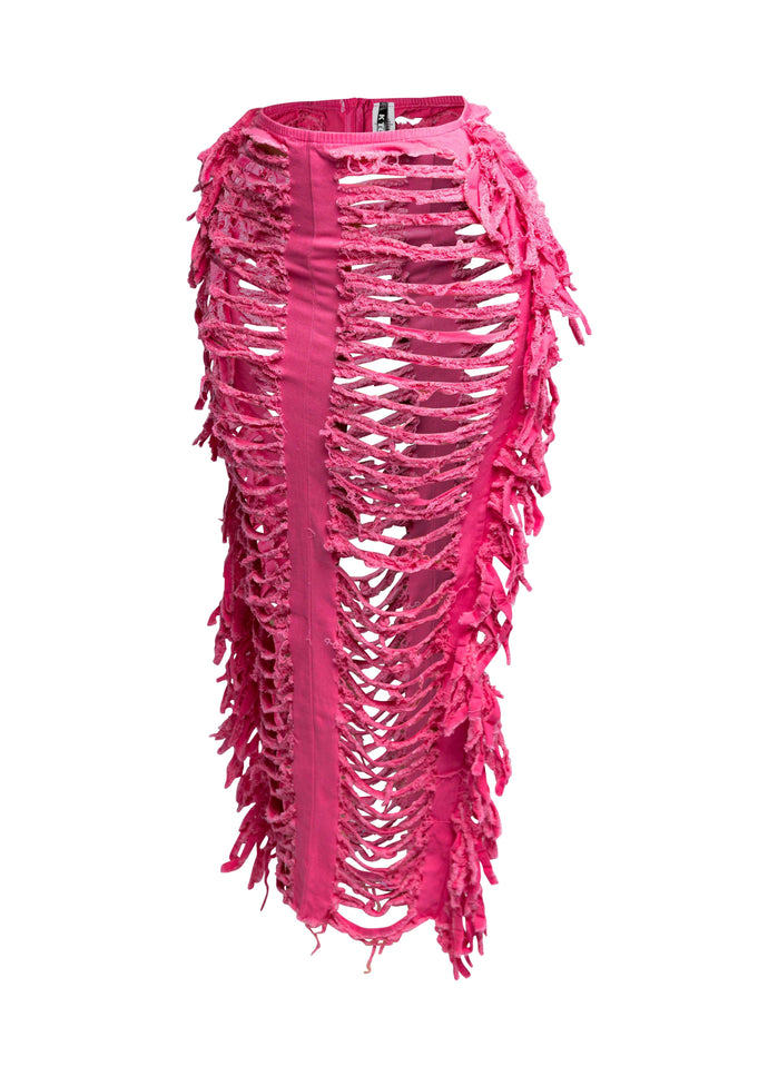 Cutout detailed distressed denim fringe maxi skirt - Muvin 