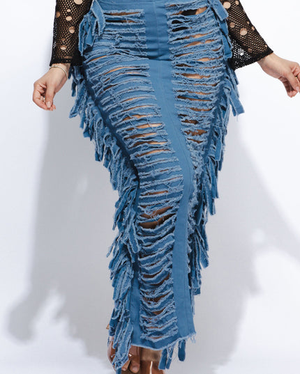 Cutout detailed distressed denim fringe maxi skirt - Muvin 