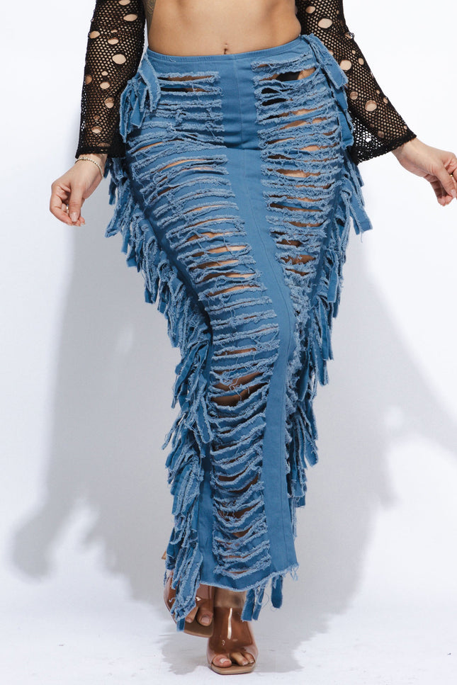 Cutout detailed distressed denim fringe maxi skirt - Muvin 