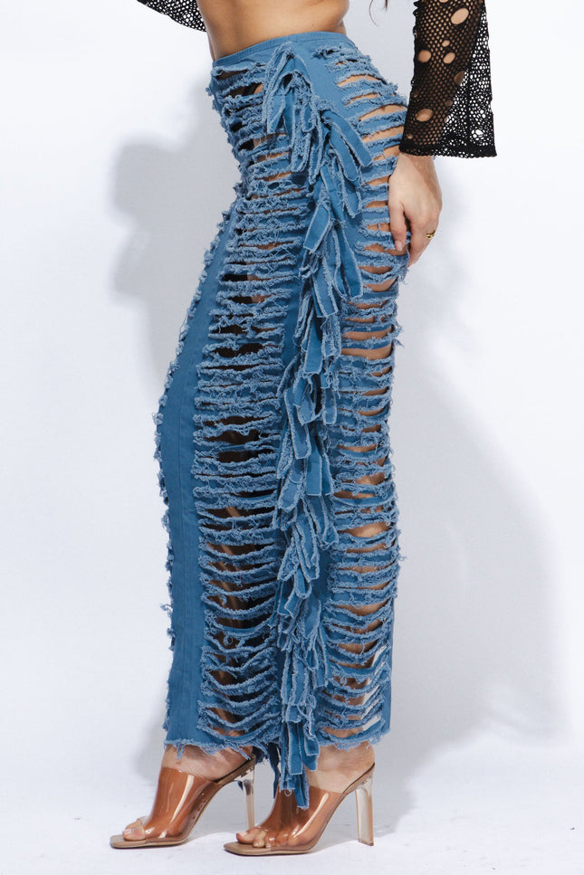 Cutout detailed distressed denim fringe maxi skirt - Muvin 