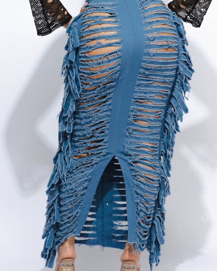 Cutout detailed distressed denim fringe maxi skirt - Muvin 