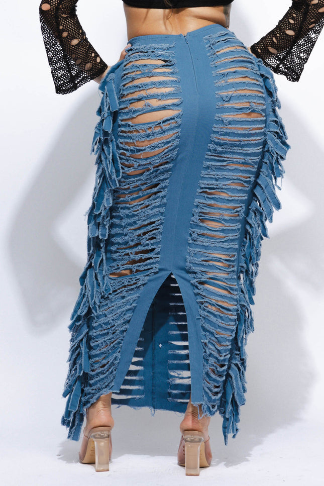 Cutout detailed distressed denim fringe maxi skirt - Muvin 