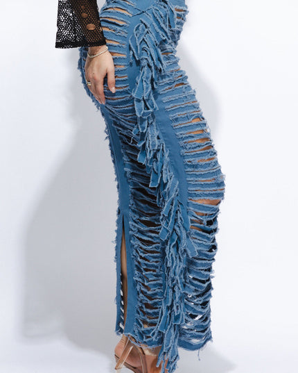 Cutout detailed distressed denim fringe maxi skirt - Muvin 