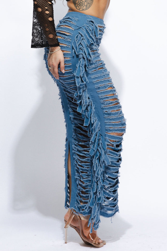 Cutout detailed distressed denim fringe maxi skirt - Muvin 