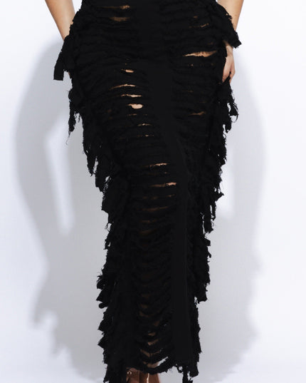 Cutout detailed distressed denim fringe maxi skirt - Muvin 