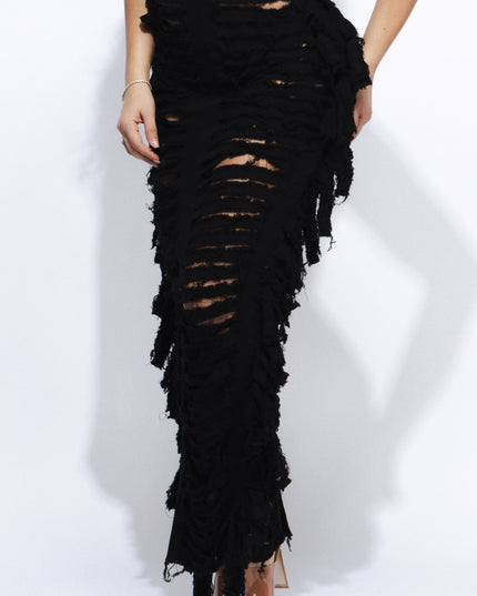 Cutout detailed distressed denim fringe maxi skirt - Muvin 