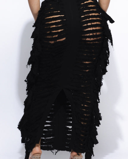 Cutout detailed distressed denim fringe maxi skirt - Muvin 