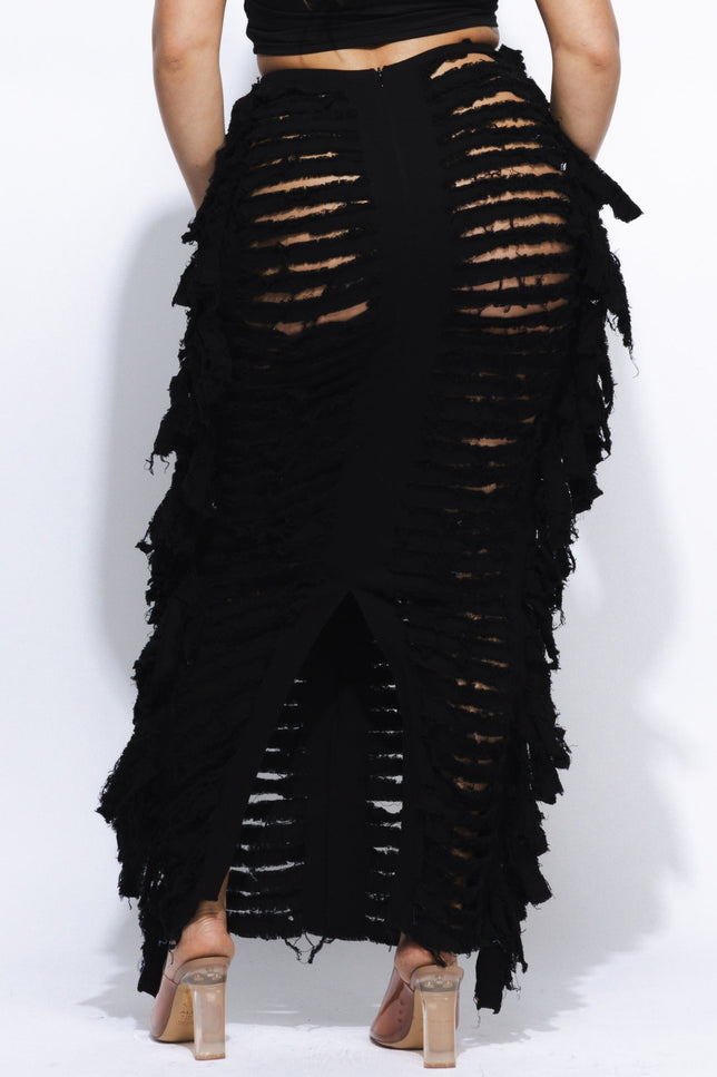 Cutout detailed distressed denim fringe maxi skirt - Muvin 