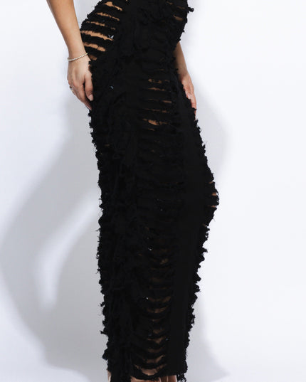 Cutout detailed distressed denim fringe maxi skirt - Muvin 