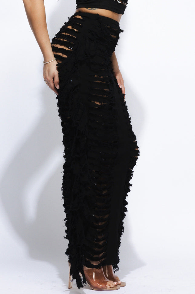 Cutout detailed distressed denim fringe maxi skirt - Muvin 
