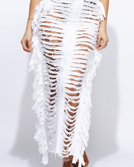 Cutout detailed distressed denim fringe maxi skirt - Muvin 