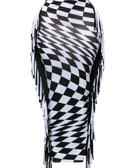 distorted illusion checkered maxi skirt with color blocked black and white double fringe