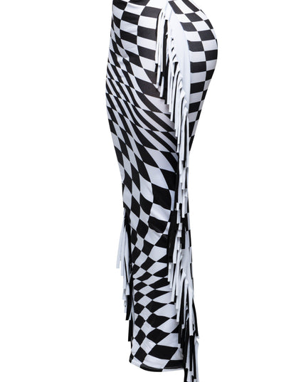 distorted illusion checkered maxi skirt with color blocked black and white double fringe