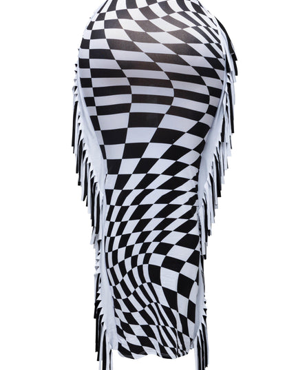 distorted illusion checkered maxi skirt with color blocked black and white double fringe