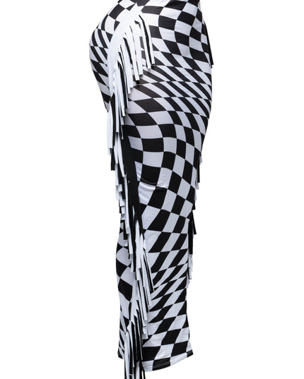 distorted illusion checkered maxi skirt with color blocked black and white double fringe