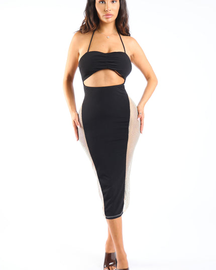 Rhinestone fishnet contrast dress - Muvin 