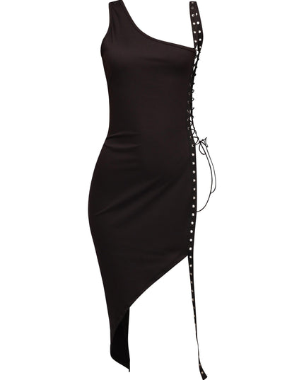 Asymmetrical one shoulder black midi dress with lace-up grommet slit and stretch bodycon fit