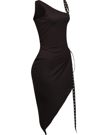 Asymmetrical one shoulder black midi dress with lace-up grommet slit and stretch bodycon fit