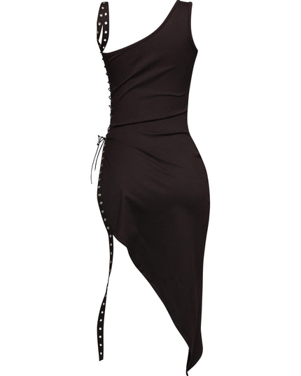 Curve-hugging black asymmetrical dress with hardware detailing and edgy lace-up cutout