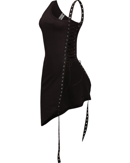 Sleek one shoulder midi dress in black with adjustable lace-up slit and high-low hem silhouette