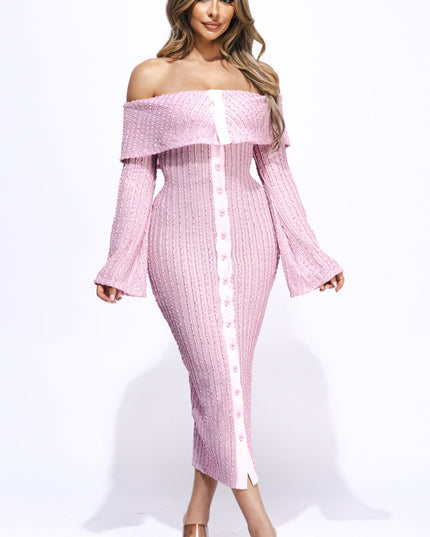Ruffled fabric off shoulder midi dress with flared sleeve - Muvin 