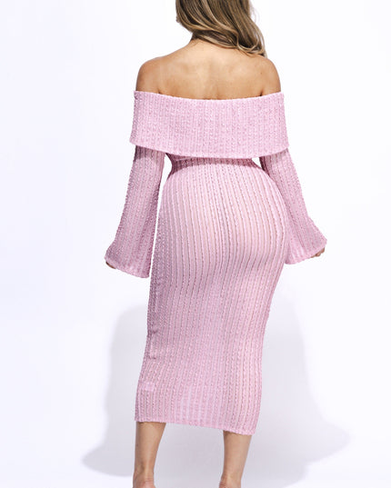 Ruffled fabric off shoulder midi dress with flared sleeve - Muvin 