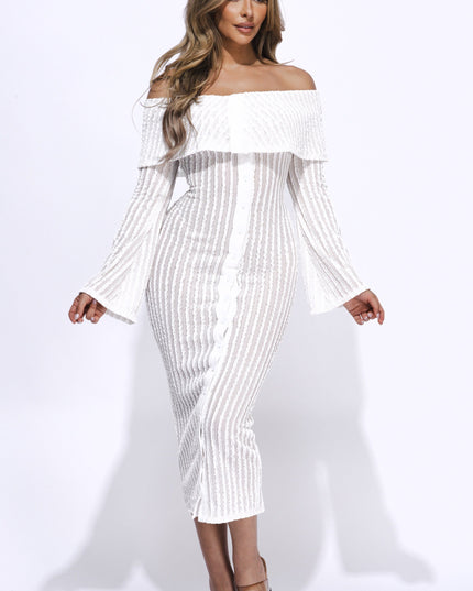 Ruffled fabric off shoulder midi dress with flared sleeve - Muvin 