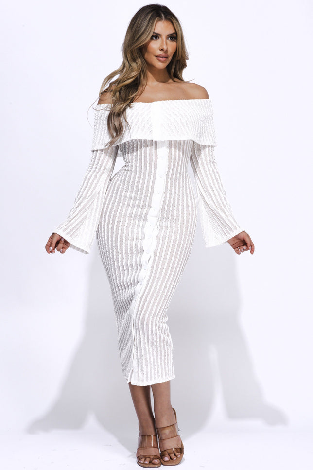 Ruffled fabric off shoulder midi dress with flared sleeve - Muvin 