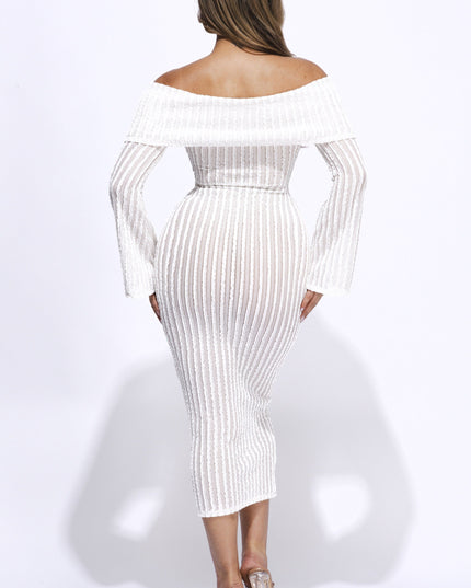 Ruffled fabric off shoulder midi dress with flared sleeve - Muvin 