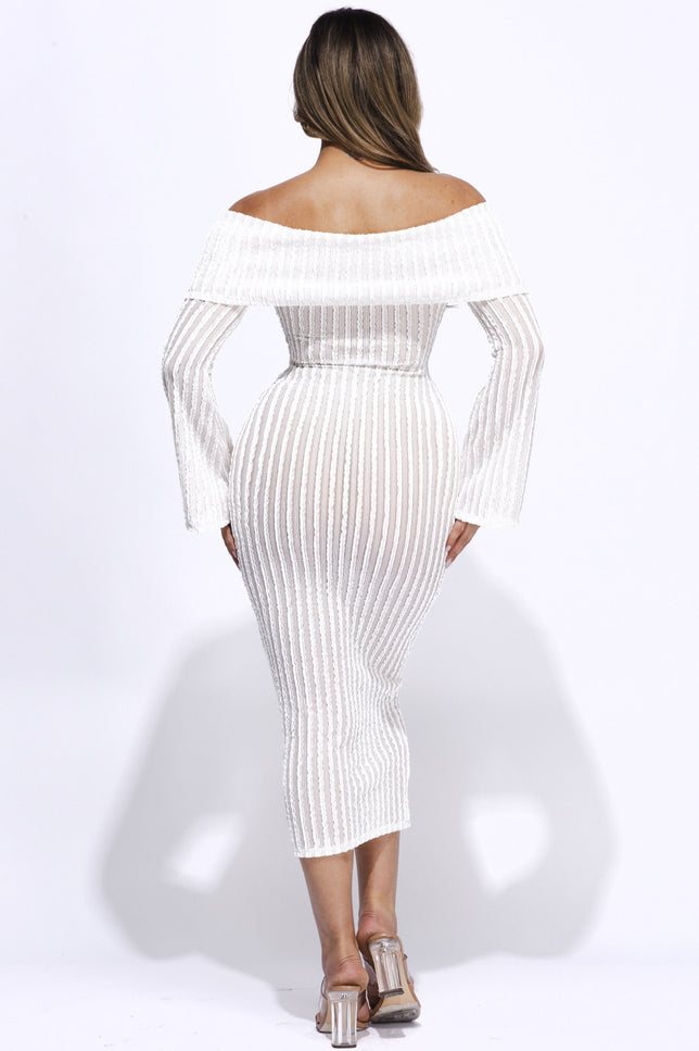 Ruffled fabric off shoulder midi dress with flared sleeve - Muvin 