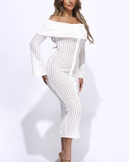 Ruffled fabric off shoulder midi dress with flared sleeve - Muvin 