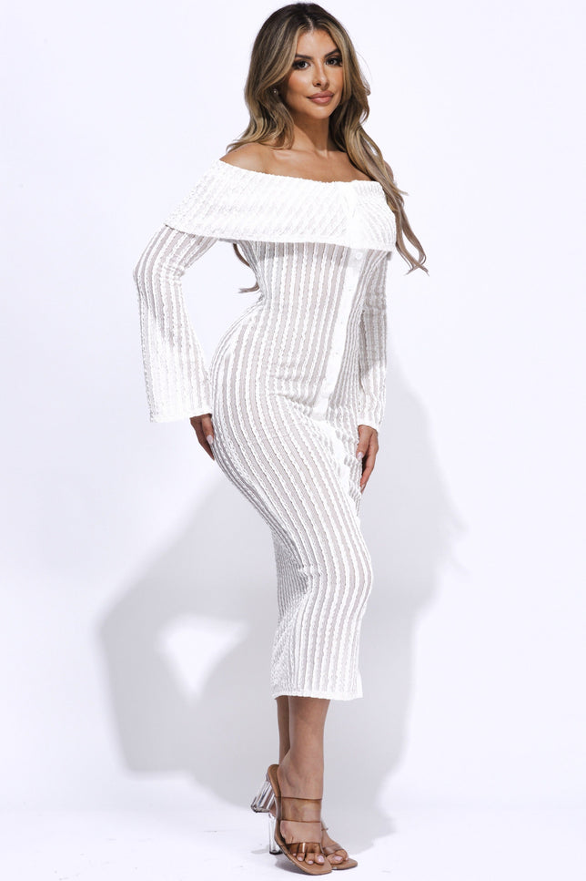 Ruffled fabric off shoulder midi dress with flared sleeve - Muvin 