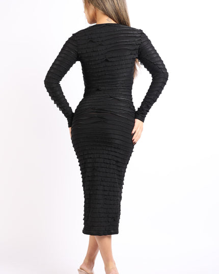 Ruffled textured long sleeve bodycon dress - Muvin 