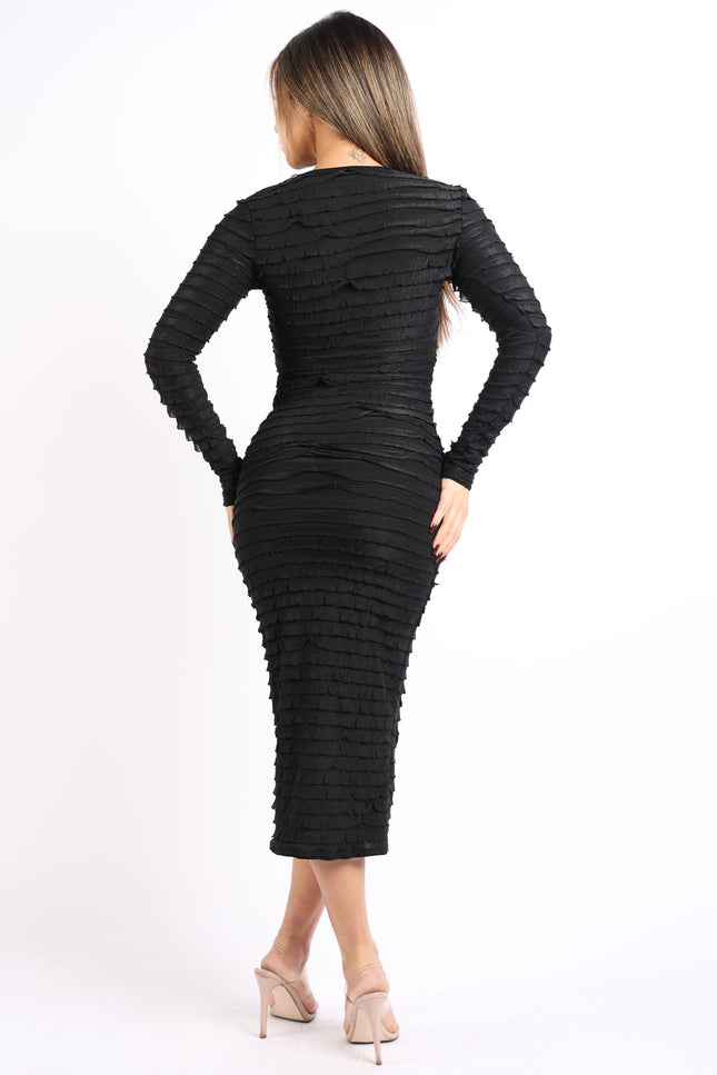 Ruffled textured long sleeve bodycon dress - Muvin 