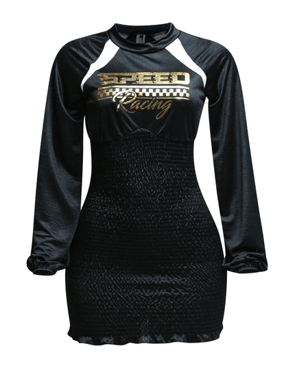 Front view of the Speed Racing Ruched Bodycon Dress in Black