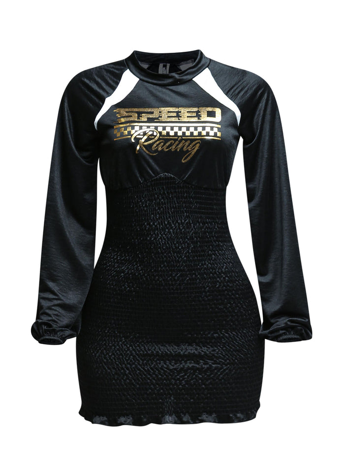 Front view of the Speed Racing Ruched Bodycon Dress in Black