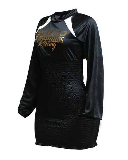 Left side view of the Speed Racing Ruched Bodycon Dress in Black