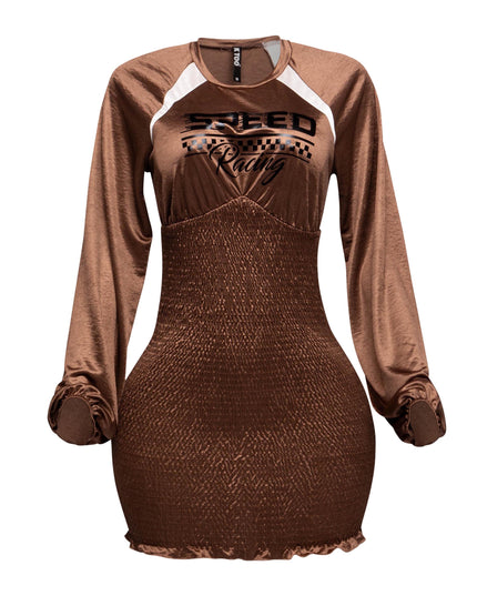 Front view of the Speed Racing Ruched Bodycon Dress in Brown
