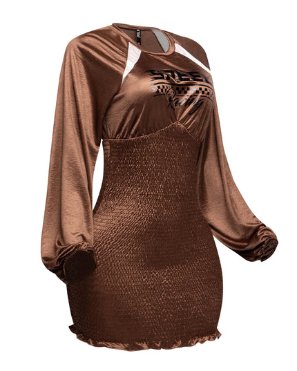 Right side view of the Speed Racing Ruched Bodycon Dress in Brown