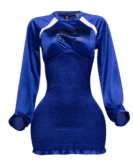 Front view of the Speed Racing Ruched Bodycon Dress in Royal Blue