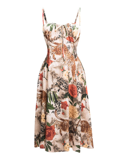 Cheeta printed side slit open flare midi dress - Muvin 