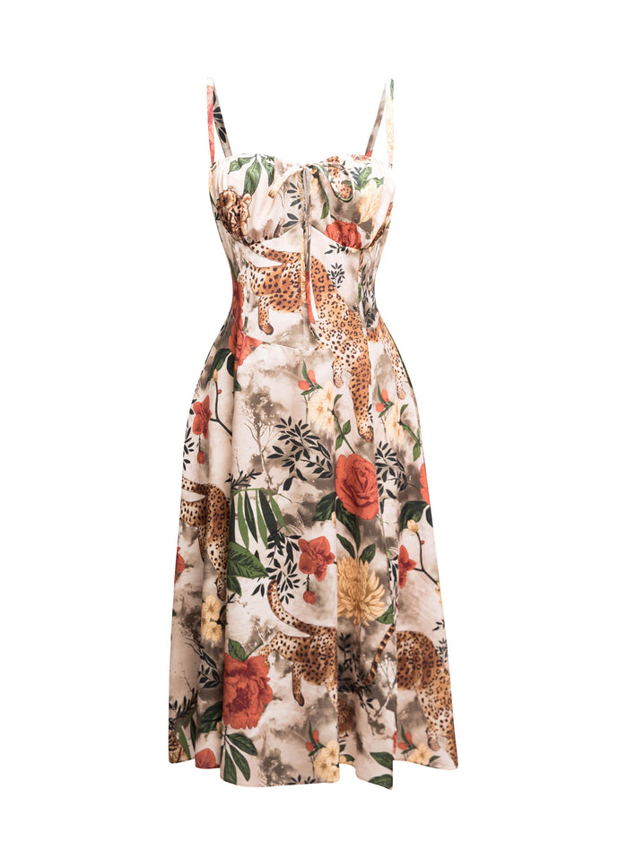 Cheeta printed side slit open flare midi dress - Muvin 