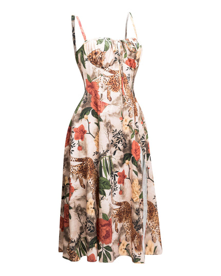 Cheeta printed side slit open flare midi dress - Muvin 